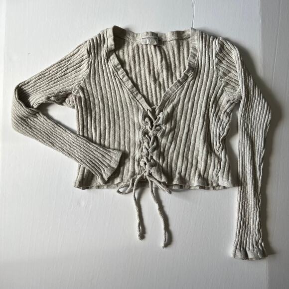 Urban‎ Outfitters Long Sleeve Crop Top Size L Lace Up Ribbed Knit - Picture 6 of 6